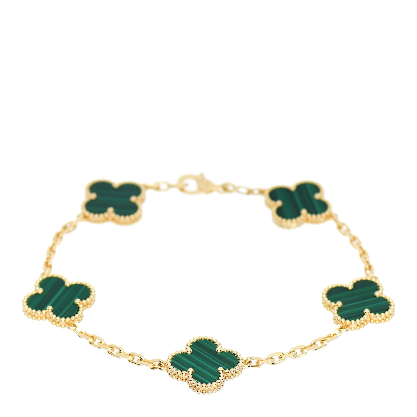 18K Yellow Gold Malachite 5 Motifs Vintage Alhambra Bracelet