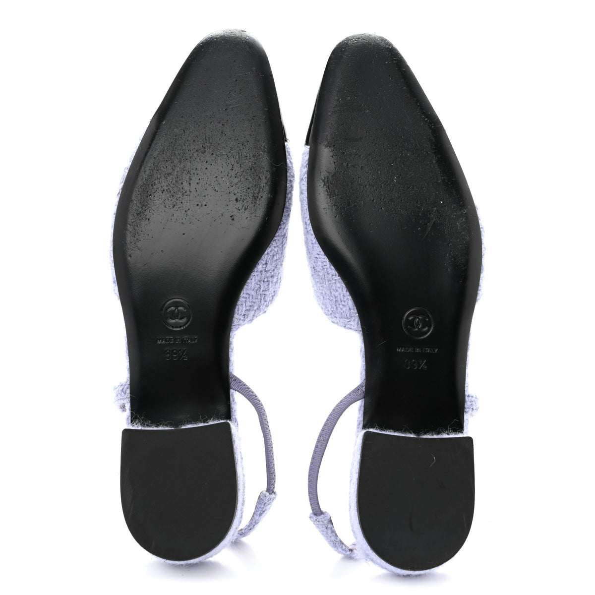 Chanel Iridescent Wool Tweed Patent Cap Toe CC Slingback Flats 39.5 Light Purple Silver Black 6 of 13