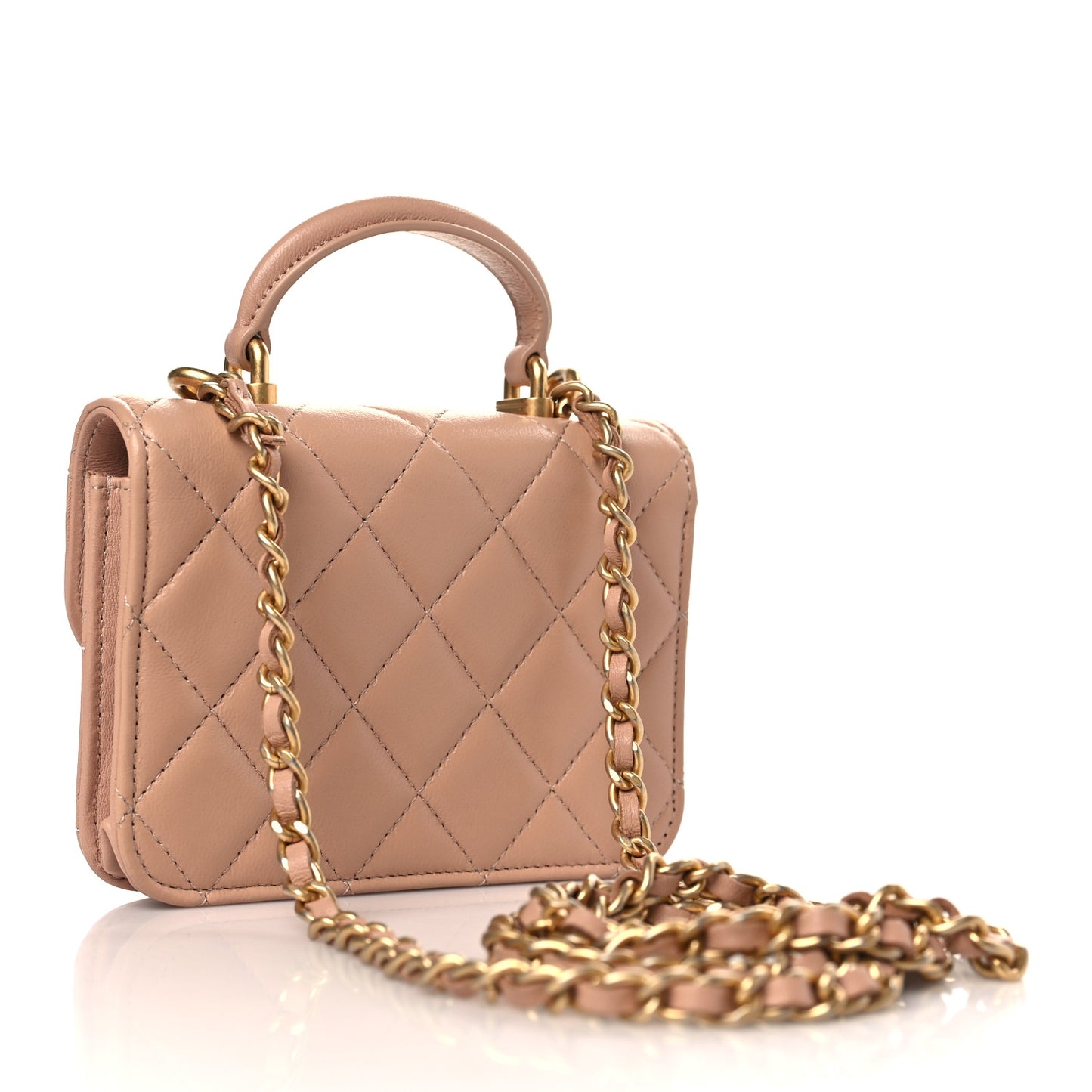 Lambskin Quilted Top Handle Flap Coin Purse With Chain Beige