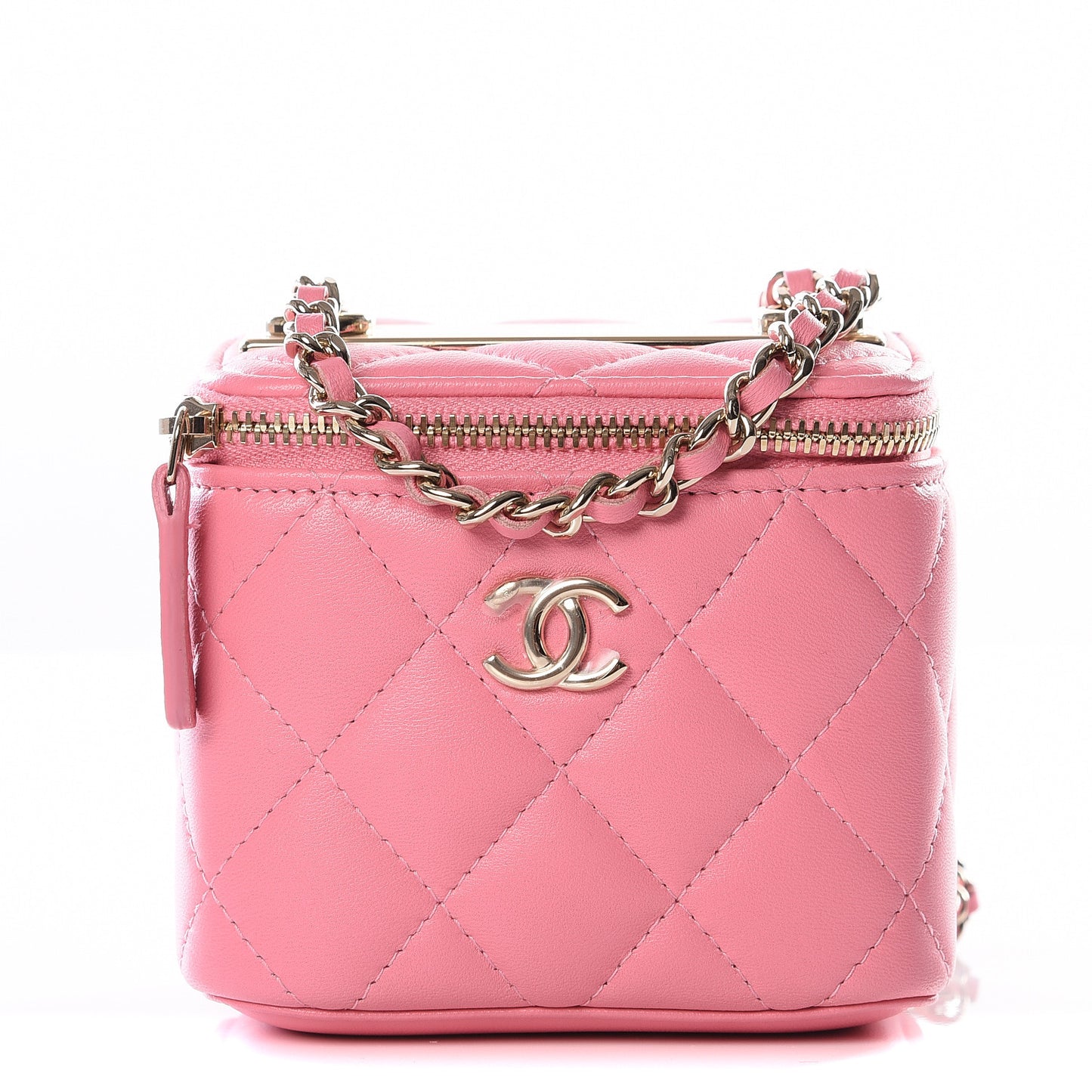 Lambskin Quilted Trendy Mini Vanity Case With Chain Pale Pink
