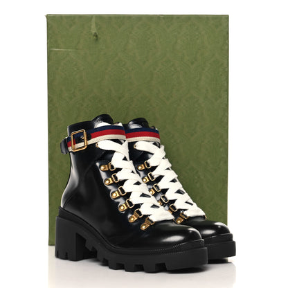 Gucci Calfskin Sylvie Web Lace Up Combat Boots 35 Black 10 of 10
