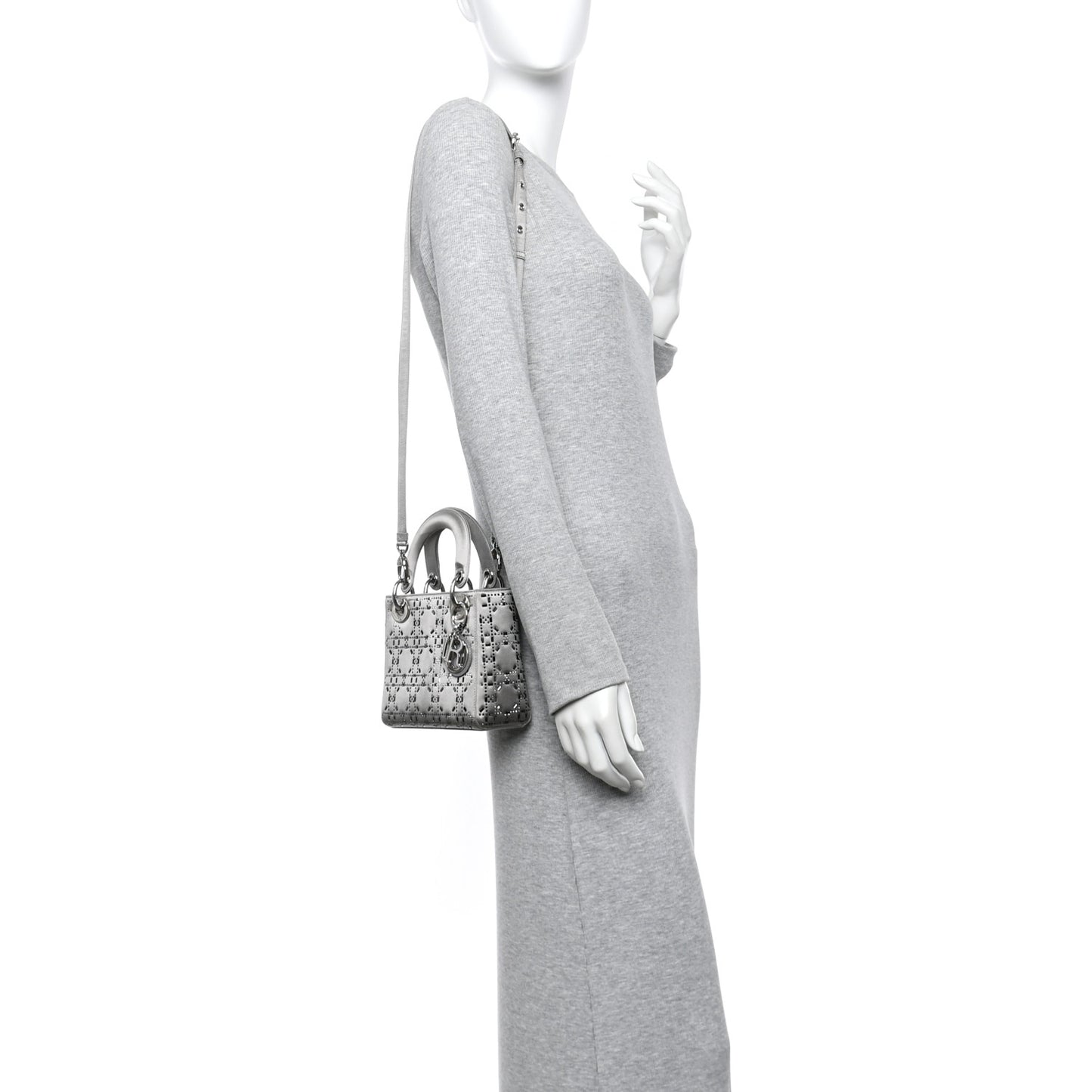 Satin Crystal Cannage Mini Lady Dior Gray