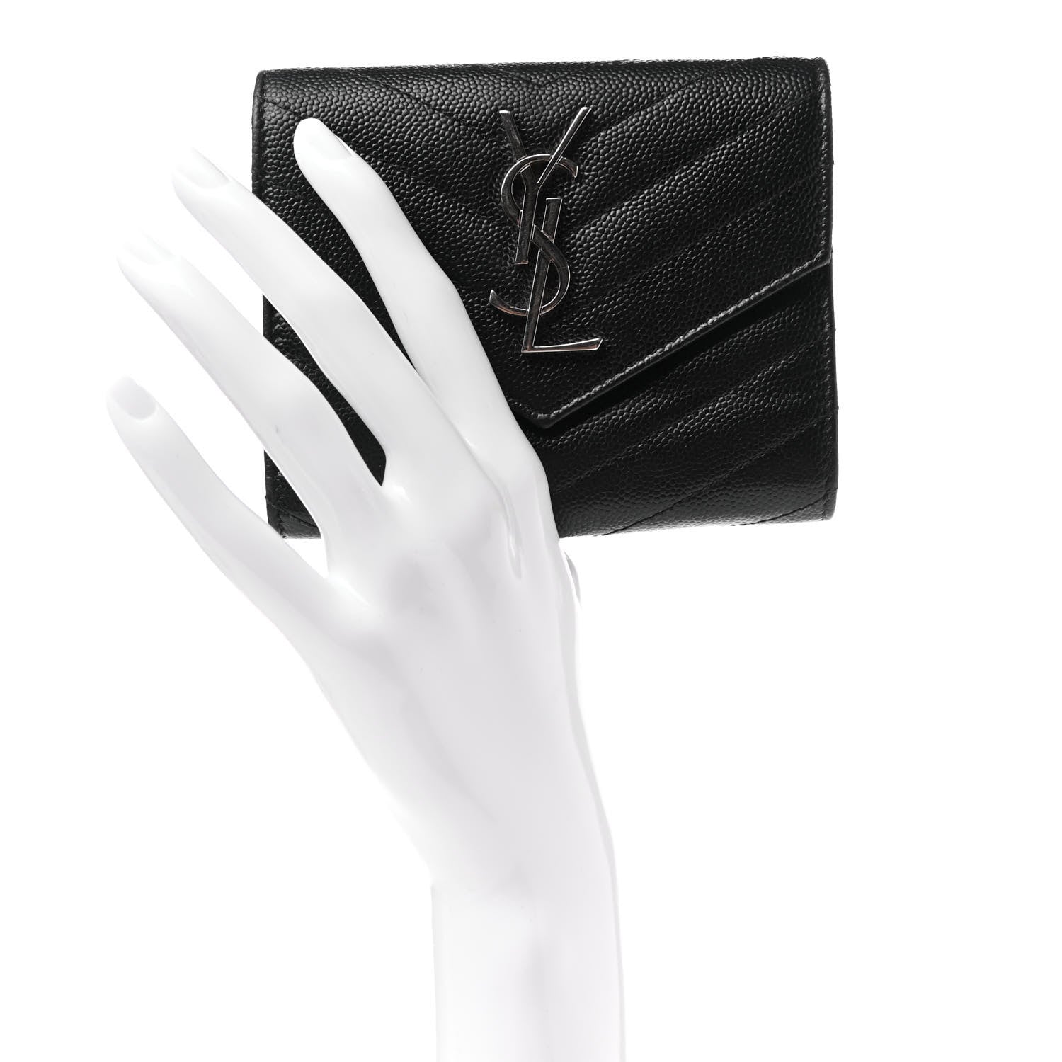 Saint Laurent Grain De Poudre Matelasse Chevron Monogram Compact Tri Fold Wallet Black 2 of 6