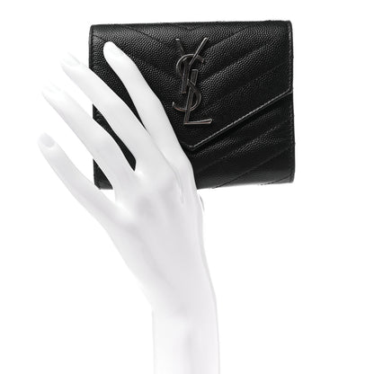 Saint Laurent Grain De Poudre Matelasse Chevron Monogram Compact Tri Fold Wallet Black 2 of 6