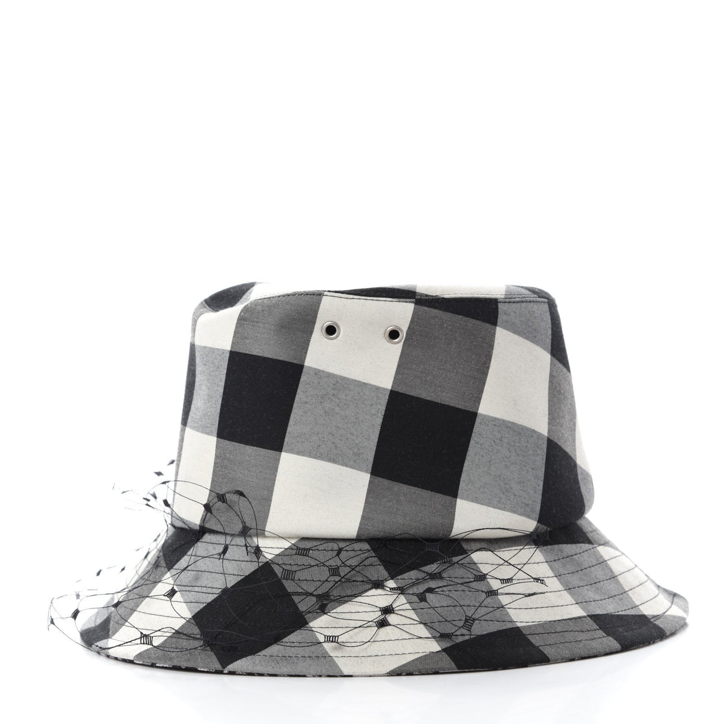 Cotton Large Brim Bucket Hat with Veil 56 Black White