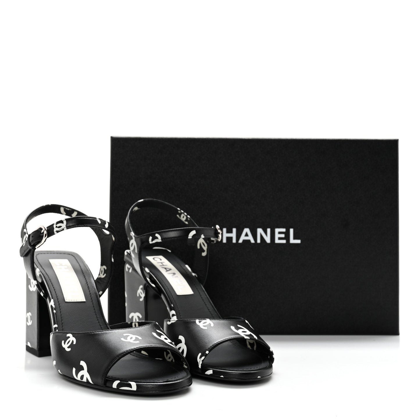 Printed Lambskin CC Sandals 38 Black White
