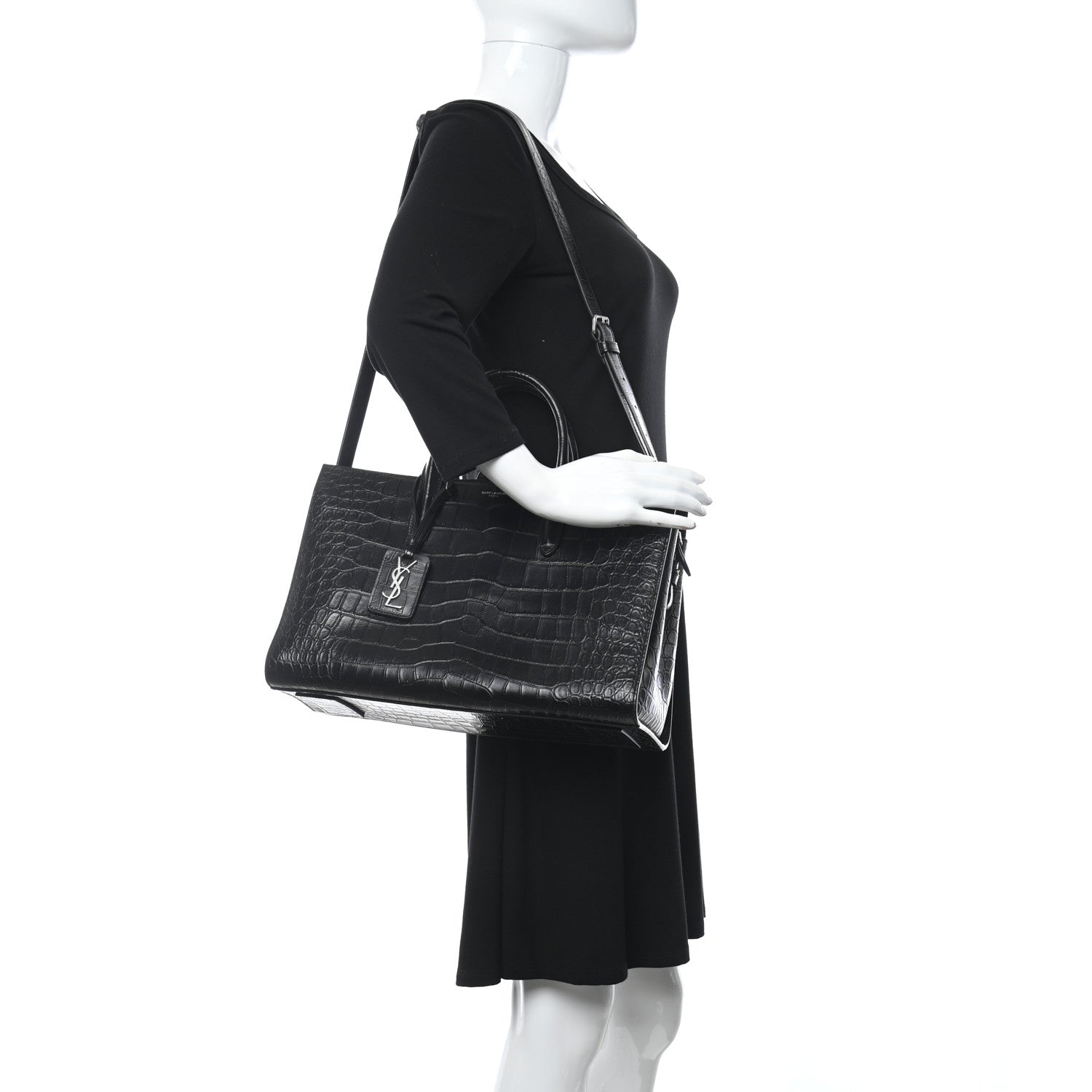 Saint Laurent Calfskin Crocodile Embossed Large Jane Tote Bag Black 2 of 10