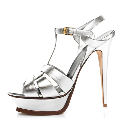 Saint Laurent Metallic Calfskin Tribute 105 Platform Sandals 41 Silver 1 of 9