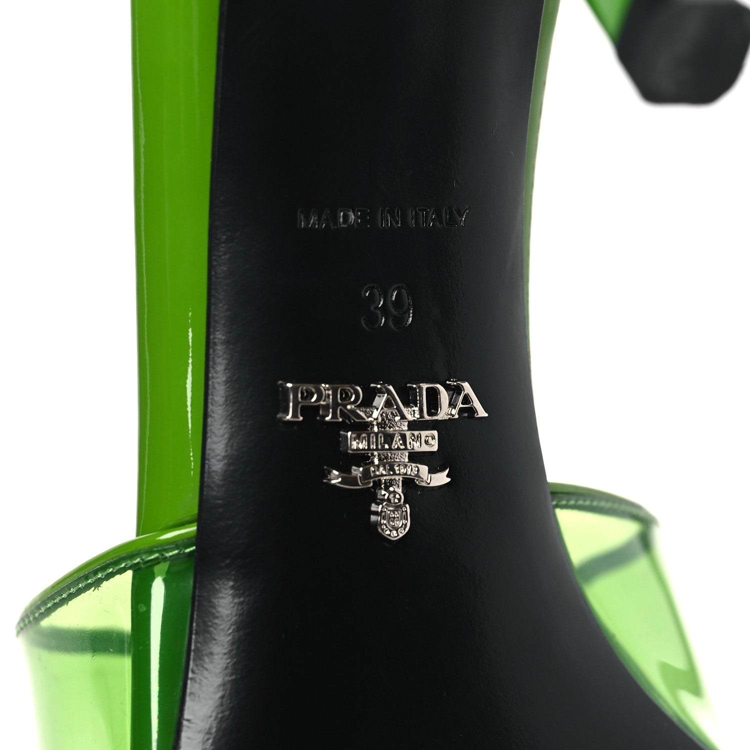 Prada Plexiglass Vernice Metal Triangle Logo 65mm Slide Sandals 39 Mela 6 of 7