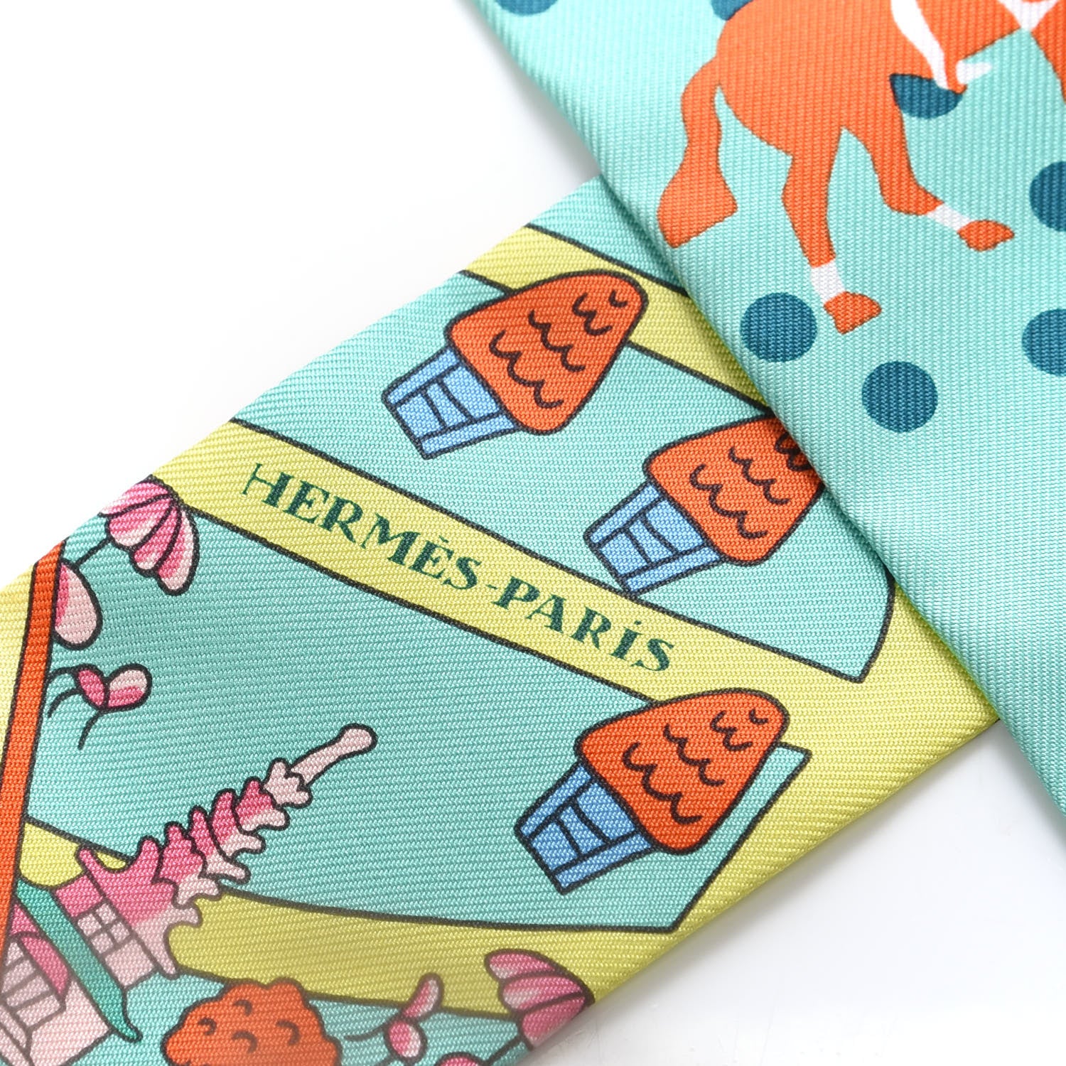 Hermes Silk Les Nouveaux Amoureux de Paris Twilly Vert D'eau Jaune Fluo Orange 3 of 3