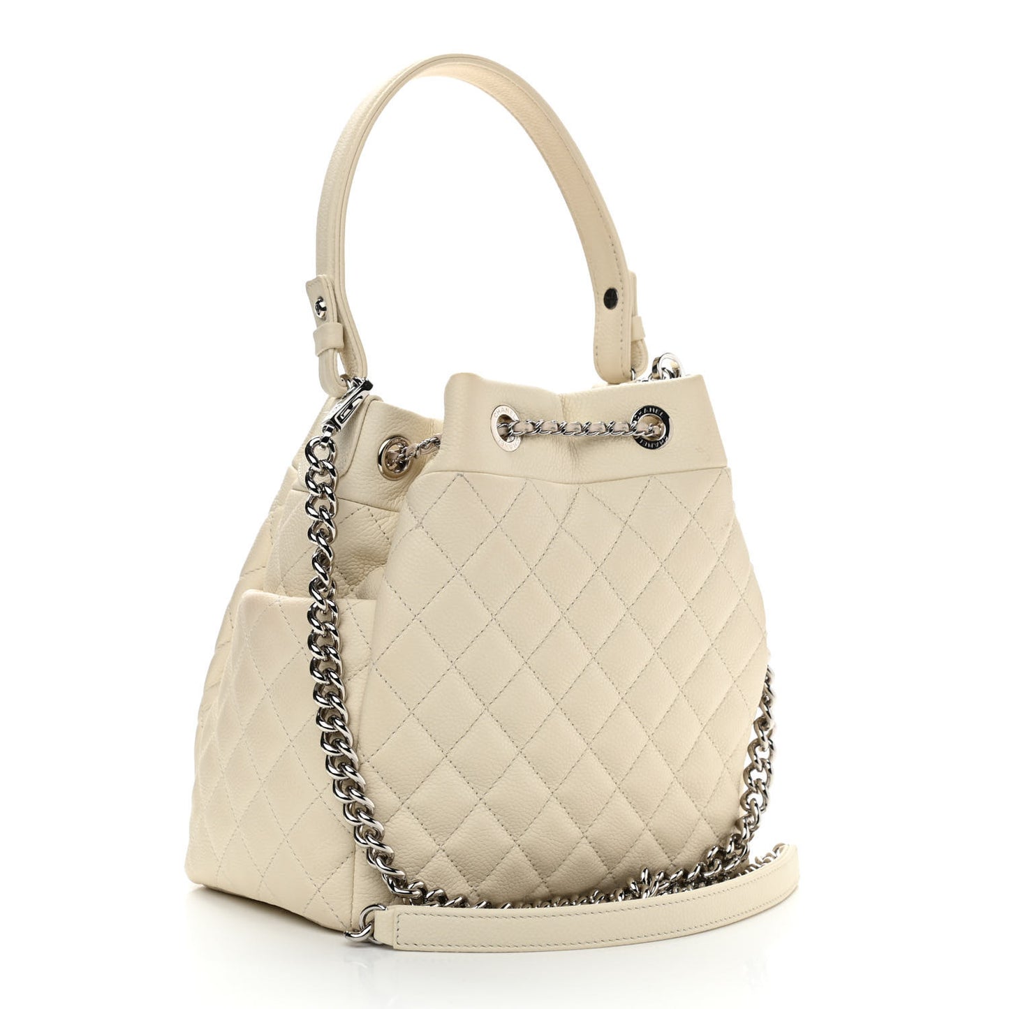 Caviar Flat Quilted CC Chain Bucket Drawstring Bag Light Beige