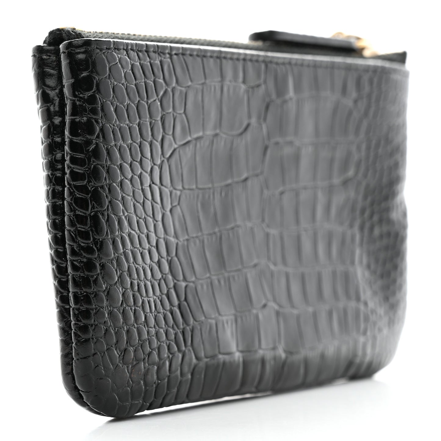 Calfskin Crocodile Embossed Mademoiselle Gabrielle Signature Pouch Black Gold