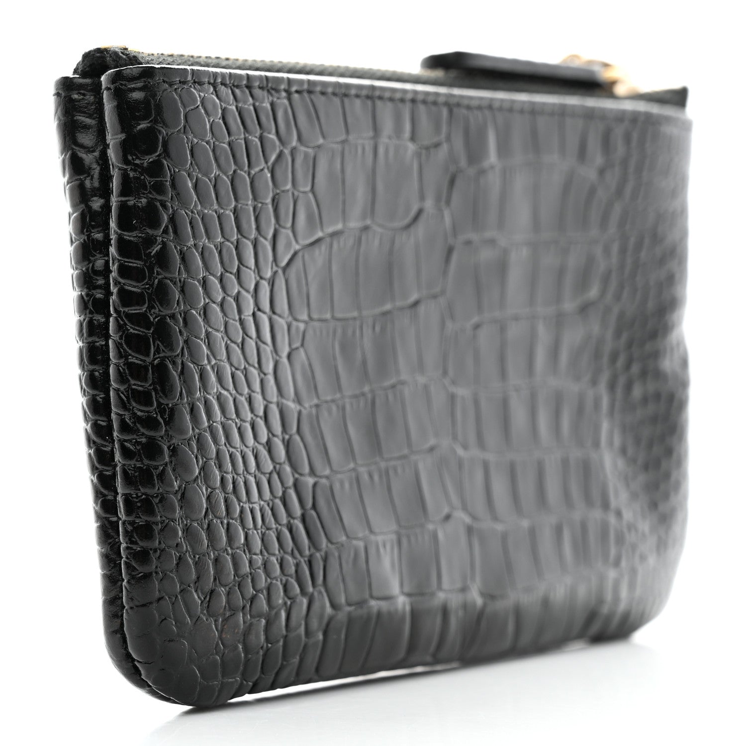 Chanel Calfskin Crocodile Embossed Mademoiselle Gabrielle Signature Pouch Black Gold 3 of 7