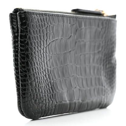 Chanel Calfskin Crocodile Embossed Mademoiselle Gabrielle Signature Pouch Black Gold 3 of 7