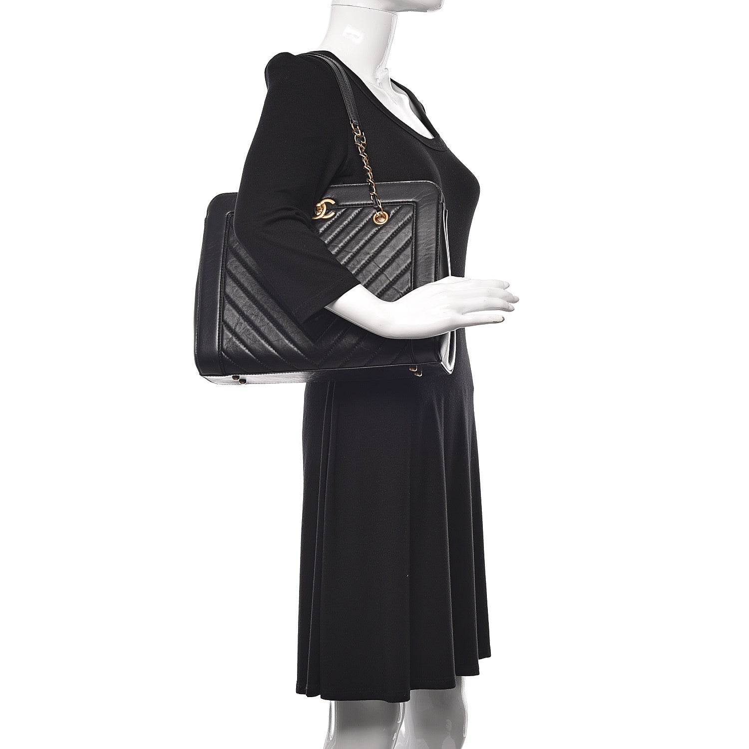 Chanel Aged Calfskin Chevron Quilted Large Shopping Tote Black 2 of 12