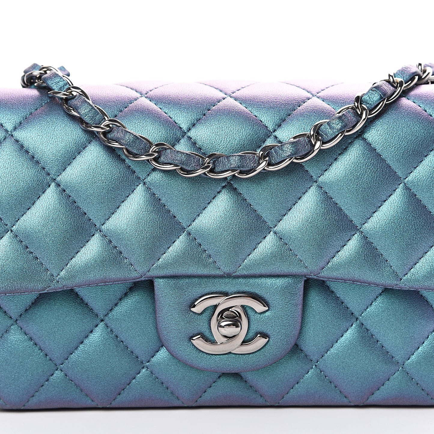 Iridescent Lambskin Quilted Mini Rectangular Flap Turquoise