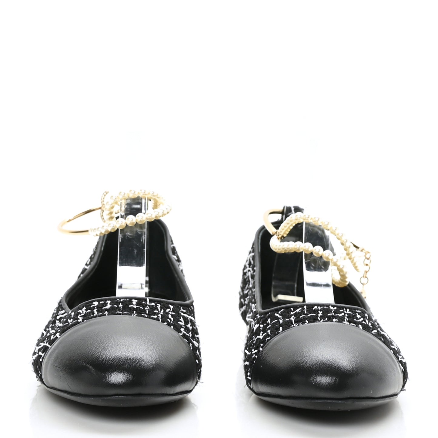Tweed Lambskin Cap Toe Ankle Chain Ballerina Flats 41 Black White