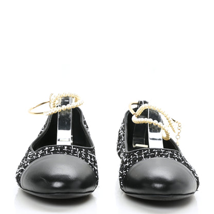 Chanel Tweed Lambskin Cap Toe Ankle Chain Ballerina Flats 41 Black White 2 of 10