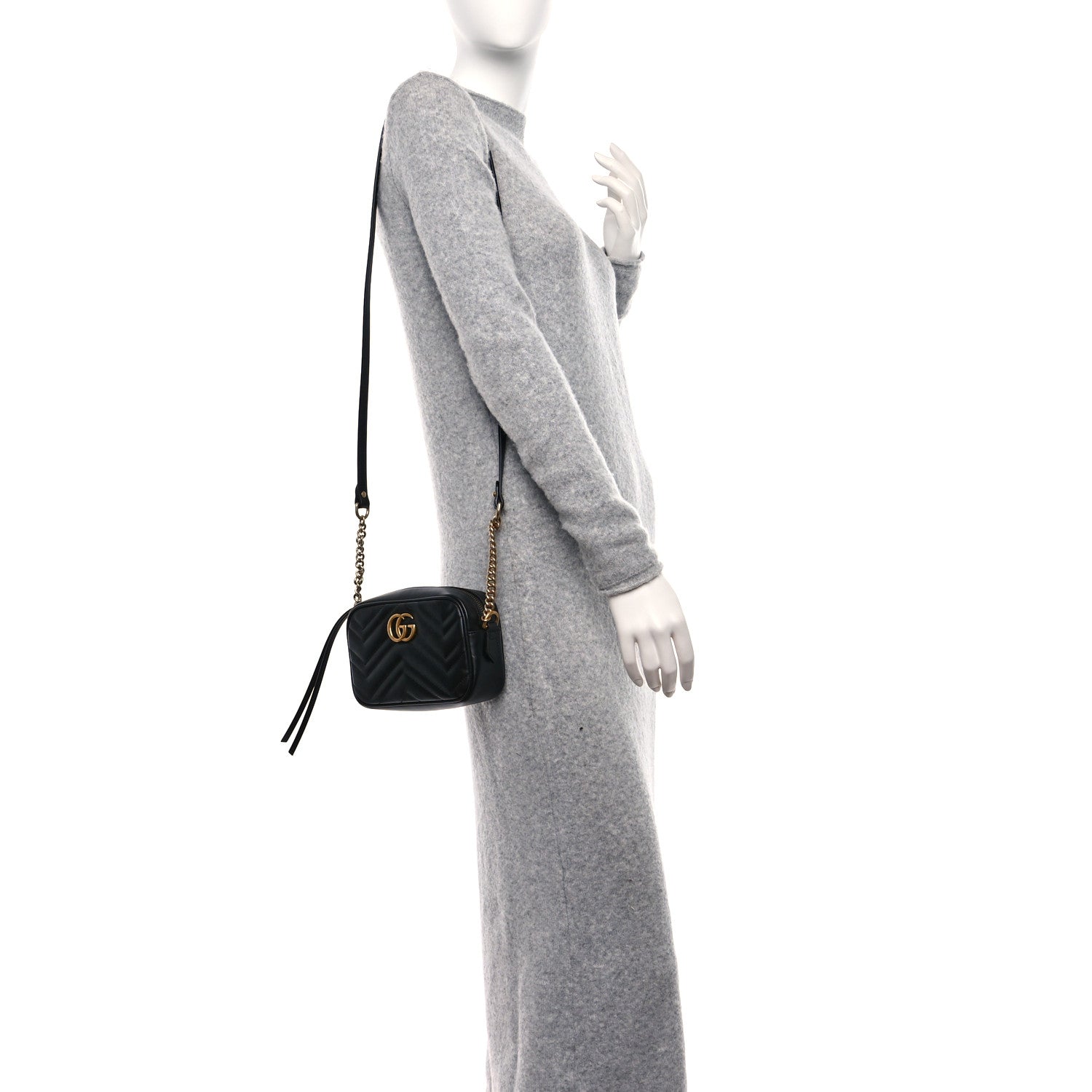 Gucci Calfskin Matelasse Mini GG Marmont Chain Shoulder Bag Black 3 of 8