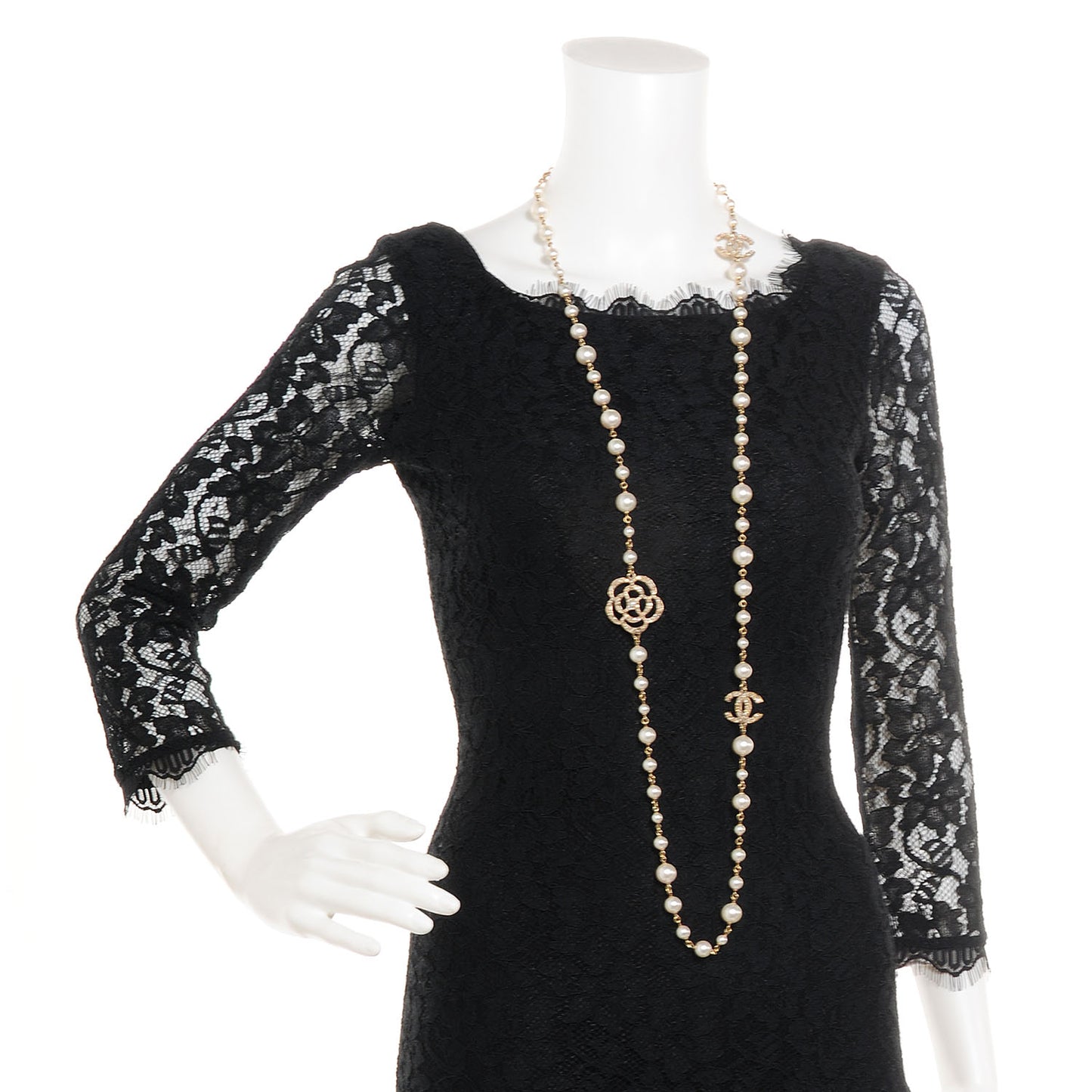 Pearl Crystal Camellia CC Necklace Gold