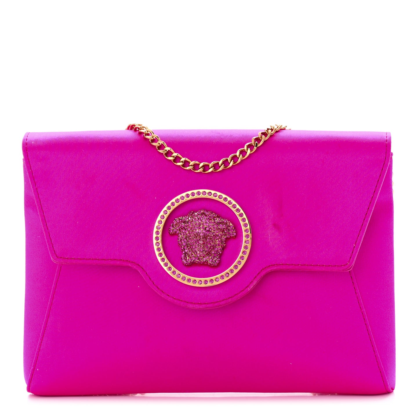Satin Crystal Embellished La Medusa Pouch On Chain Pink