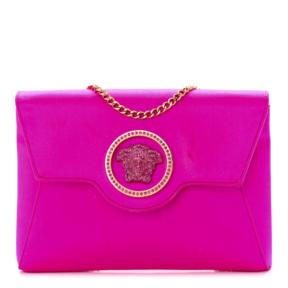Versace Satin Crystal Embellished La Medusa Pouch On Chain Pink 1 of 12
