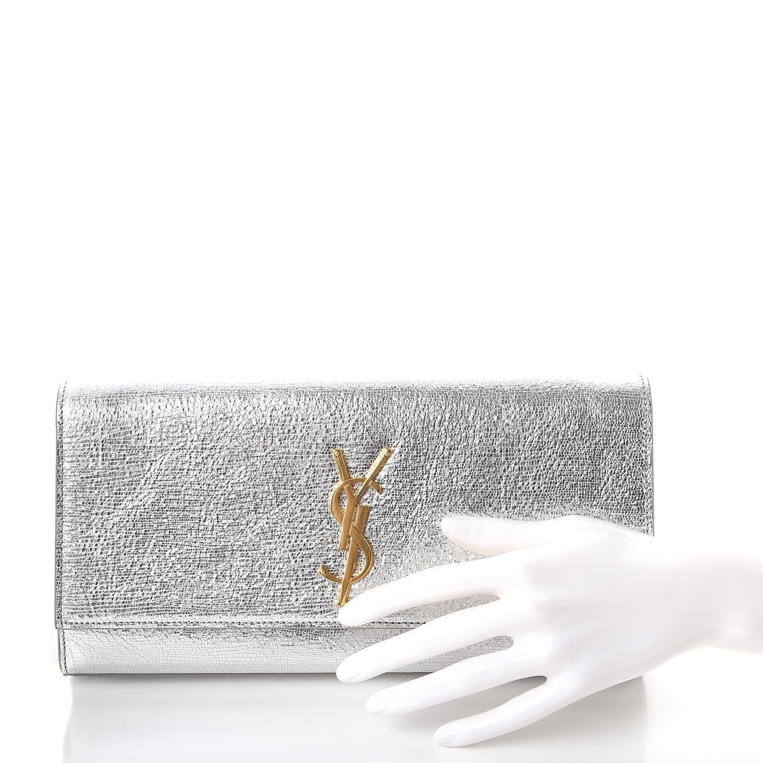 Saint Laurent Textured Metallic Calfskin Classic Monogram Cassandre Clutch Silver 2 of 8