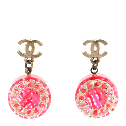 Chanel Resin Chain Tweed CC Drop Earrings Pink Gold 1 of 8