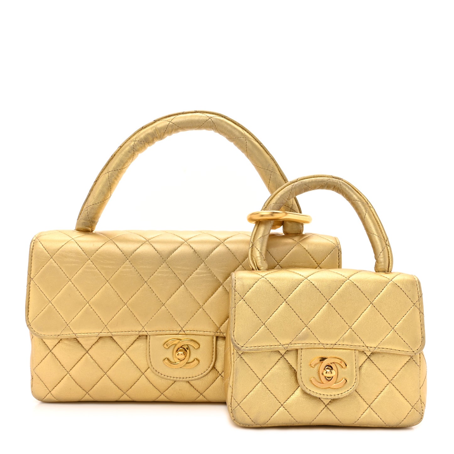 Metallic Lambskin Quilted Parent Child Kelly Flap Gold
