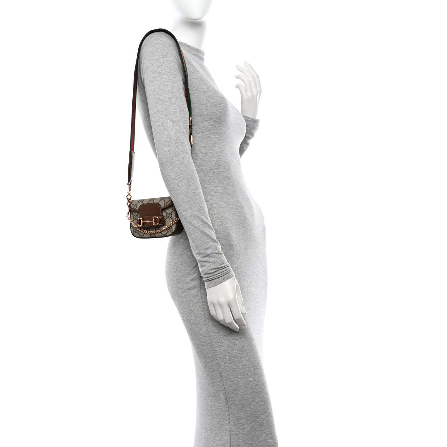 GG Supreme Monogram Azalea Calfskin Web Horsebit 1955 Wallet On Strap Beige Ebony Brown Sugar