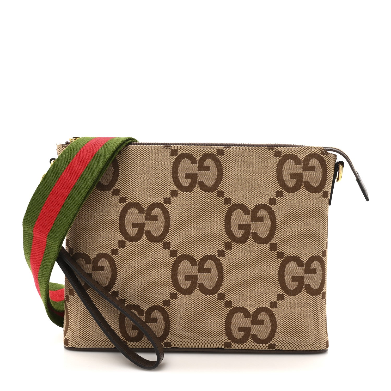 Gucci Monogram Jumbo GG Textured Dollar Calfskin Web Wristlet Messenger Bag Camel Ebony New Acero 1 of 10