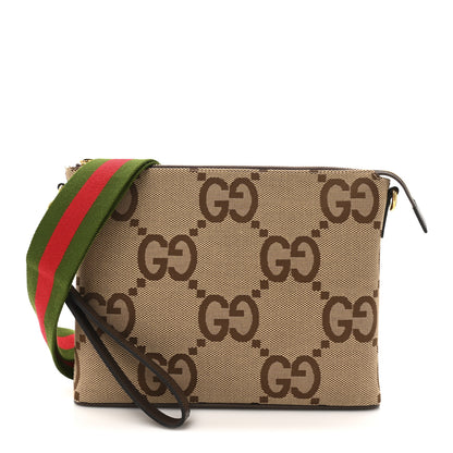 Gucci Monogram Jumbo GG Textured Dollar Calfskin Web Wristlet Messenger Bag Camel Ebony New Acero 1 of 10