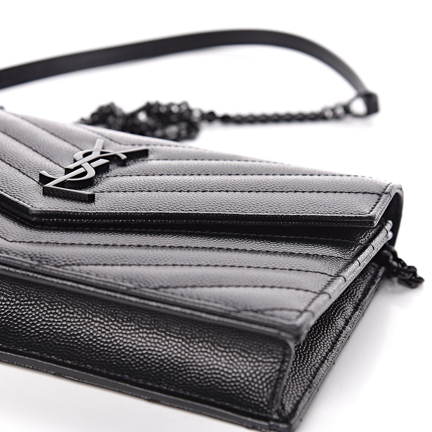 Grain De Poudre Matelasse Chevron Monogram Envelope Chain Wallet Black