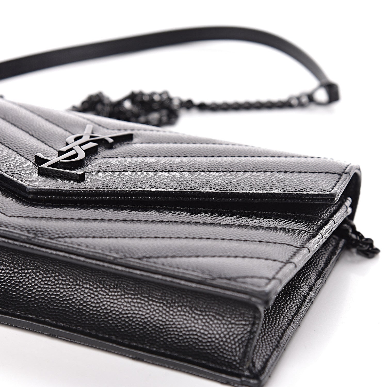 Saint Laurent Grain De Poudre Matelasse Chevron Monogram Envelope Chain Wallet Black 13 of 16