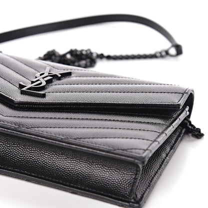 Saint Laurent Grain De Poudre Matelasse Chevron Monogram Envelope Chain Wallet Black 13 of 16