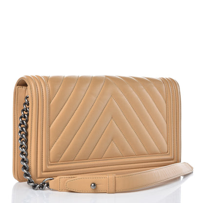 Chanel Calfskin Chevron Quilted Boy Convertible Clutch Flap Beige 4 of 16