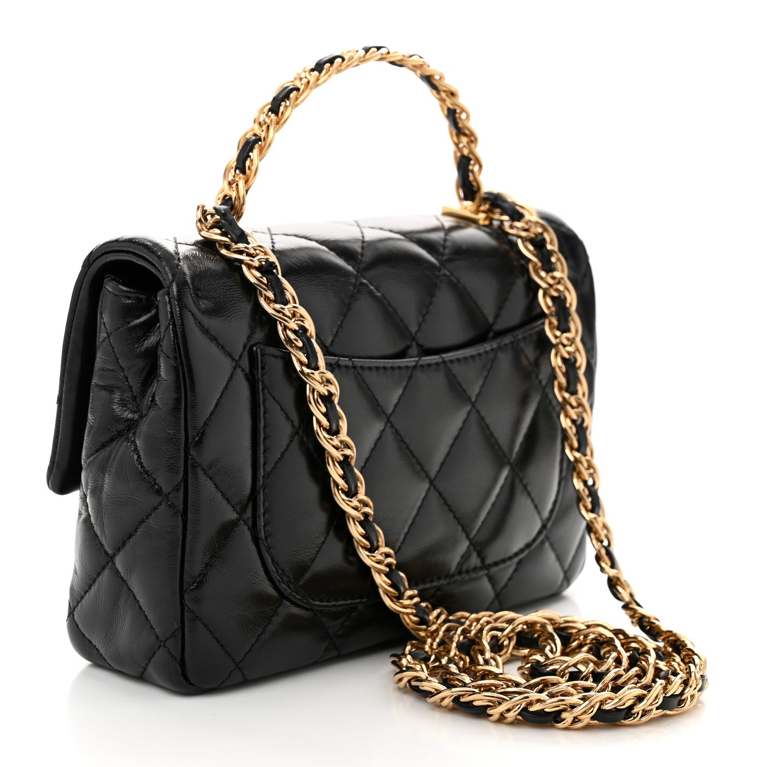 Chanel Shiny Lambskin Quilted Golden Links Top Handle Flap Black 3 of 10