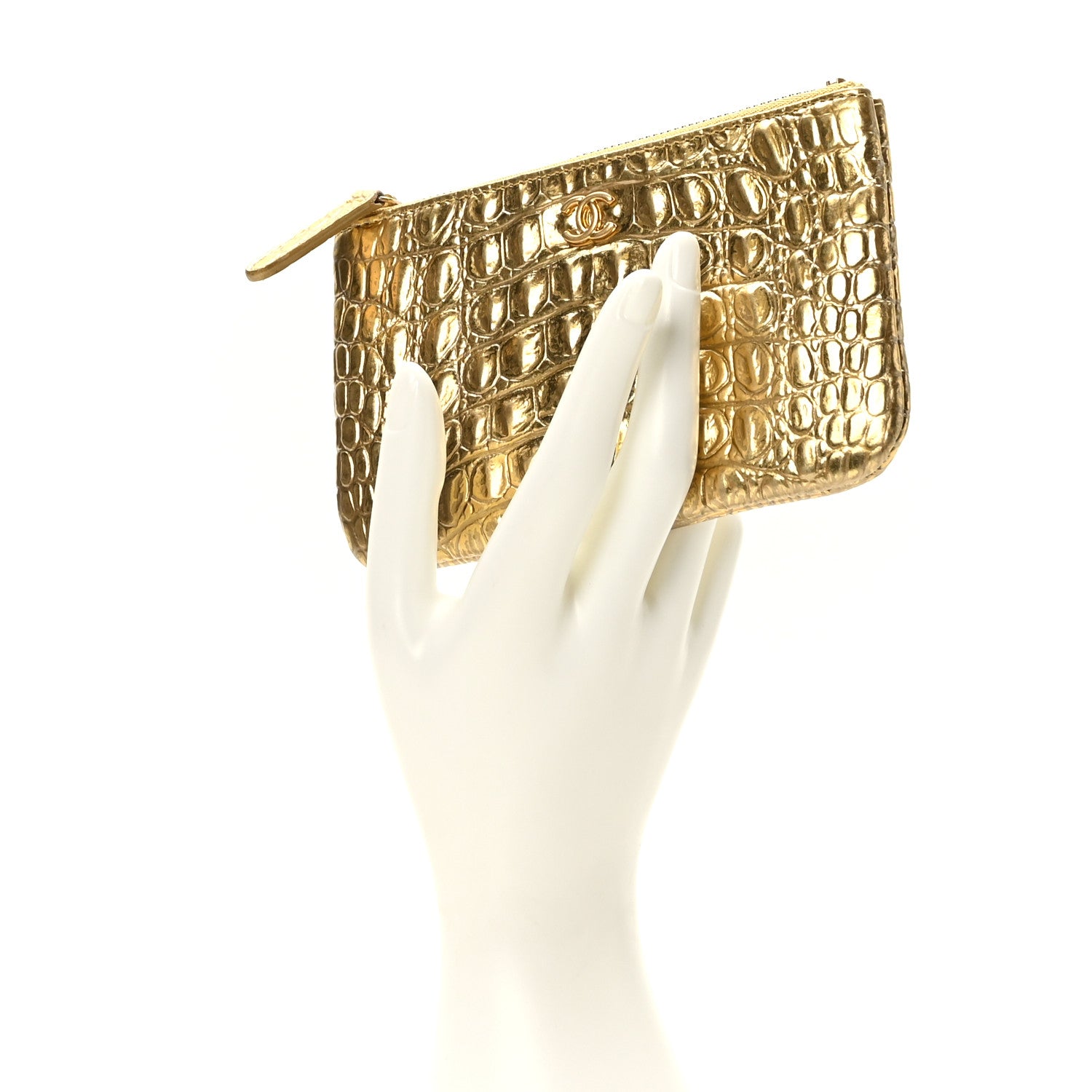 Chanel Metallic Calfskin Crocodile Embossed Cocodile Small Cosmetic Case Gold 2 of 7