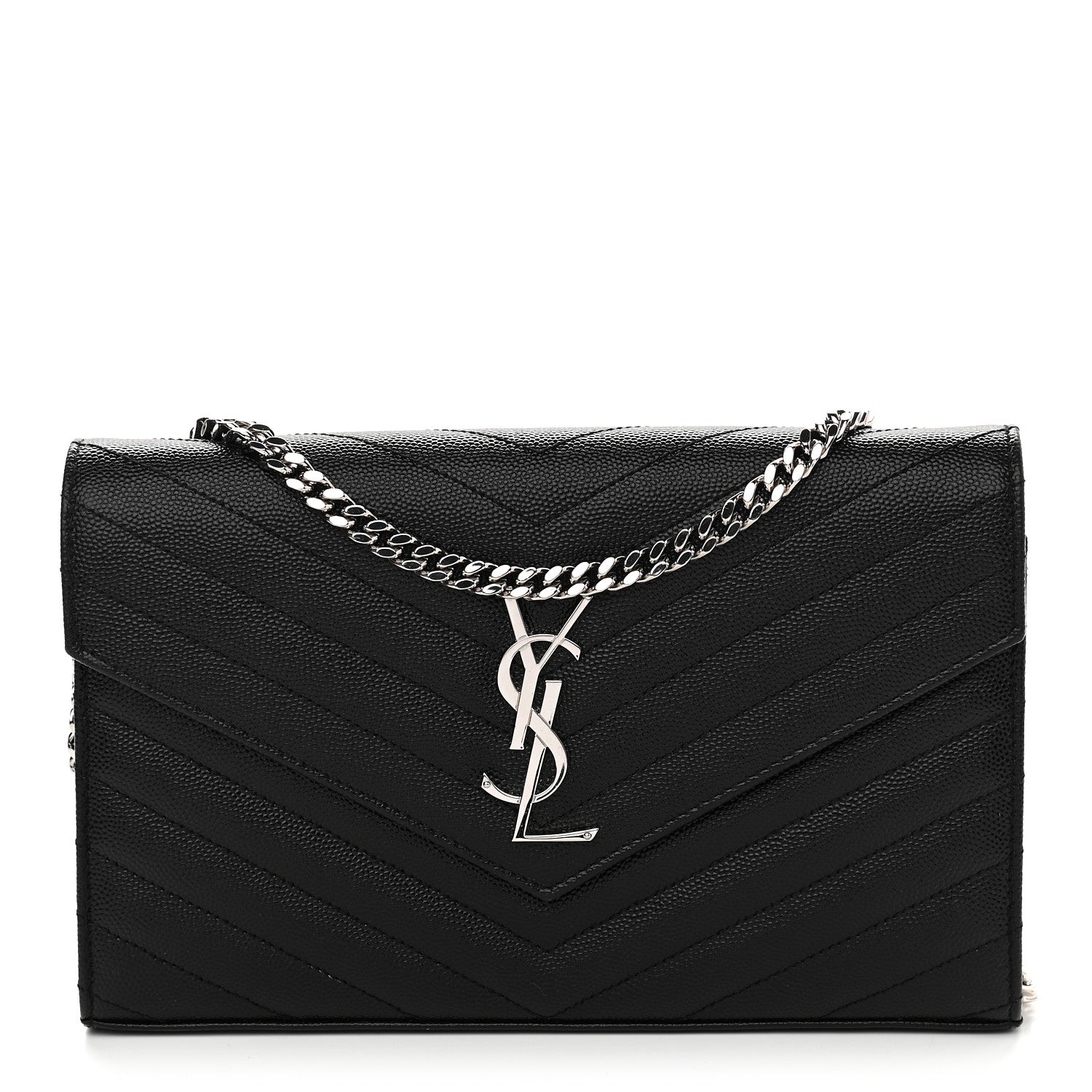 Saint Laurent Grain De Poudre Matelasse Chevron Monogram Chain Wallet Black 1 of 8