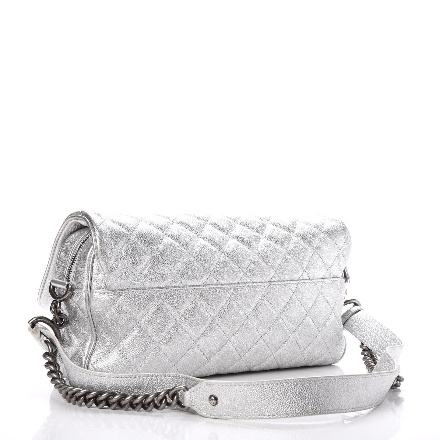 Metallic Calfskin Quilted Medium Casual Rock Flap Silver