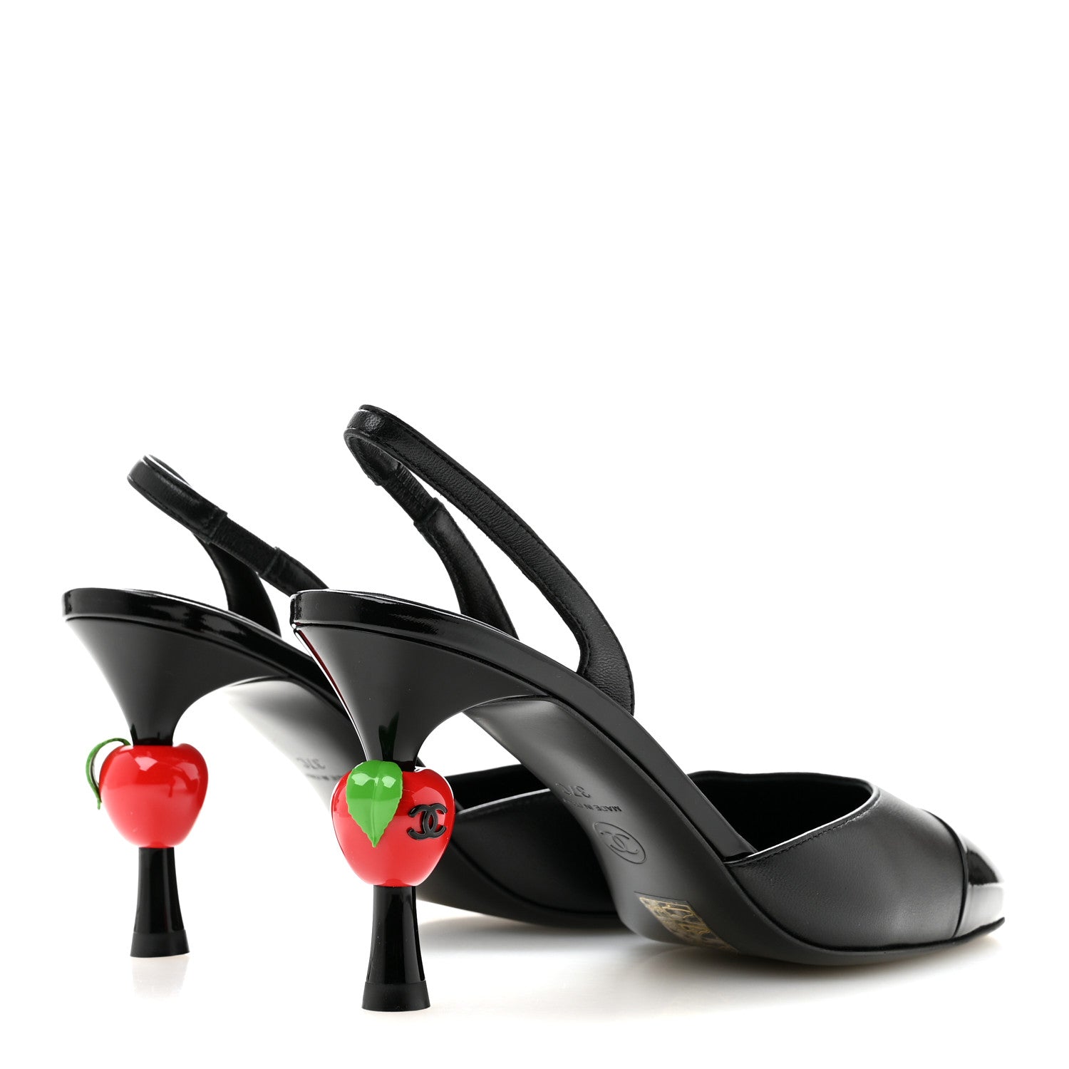 Chanel Lambskin Patent Cap Toe CC Apple Slingback Pumps 37 Black 5 of 9