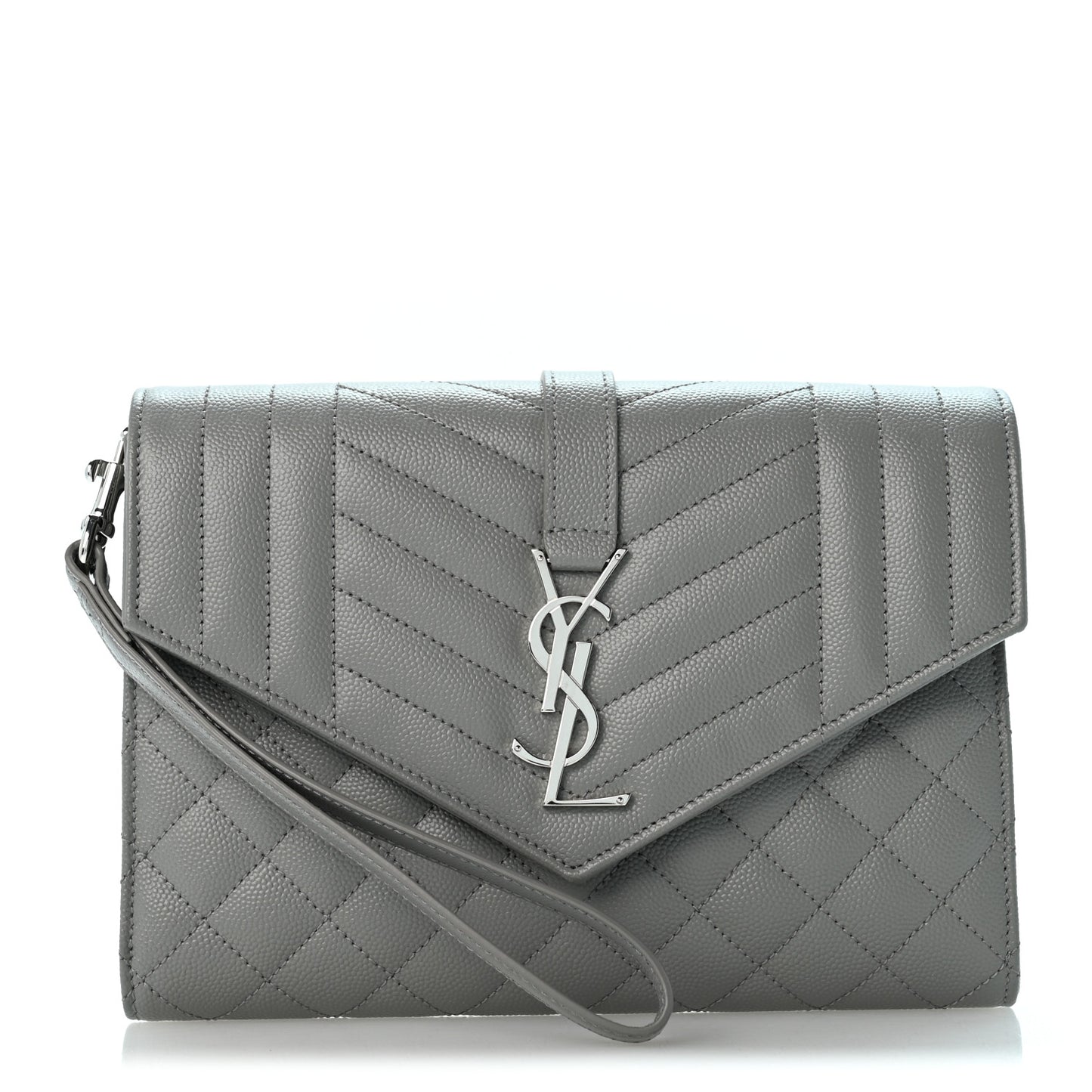 Grain De Poudre Textured Mixed Matelasse Triquilt Monogram Clutch New Stone Grey