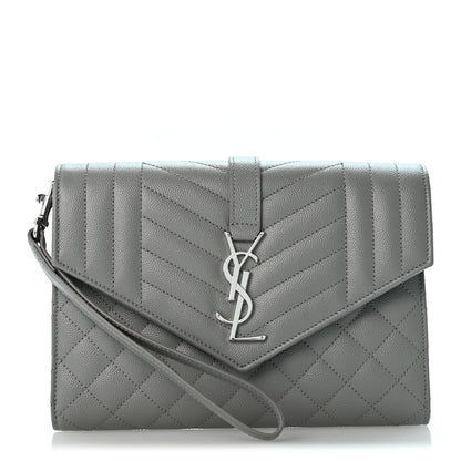 Saint Laurent Grain De Poudre Textured Mixed Matelasse Triquilt Monogram Clutch New Stone Grey 1 of 13