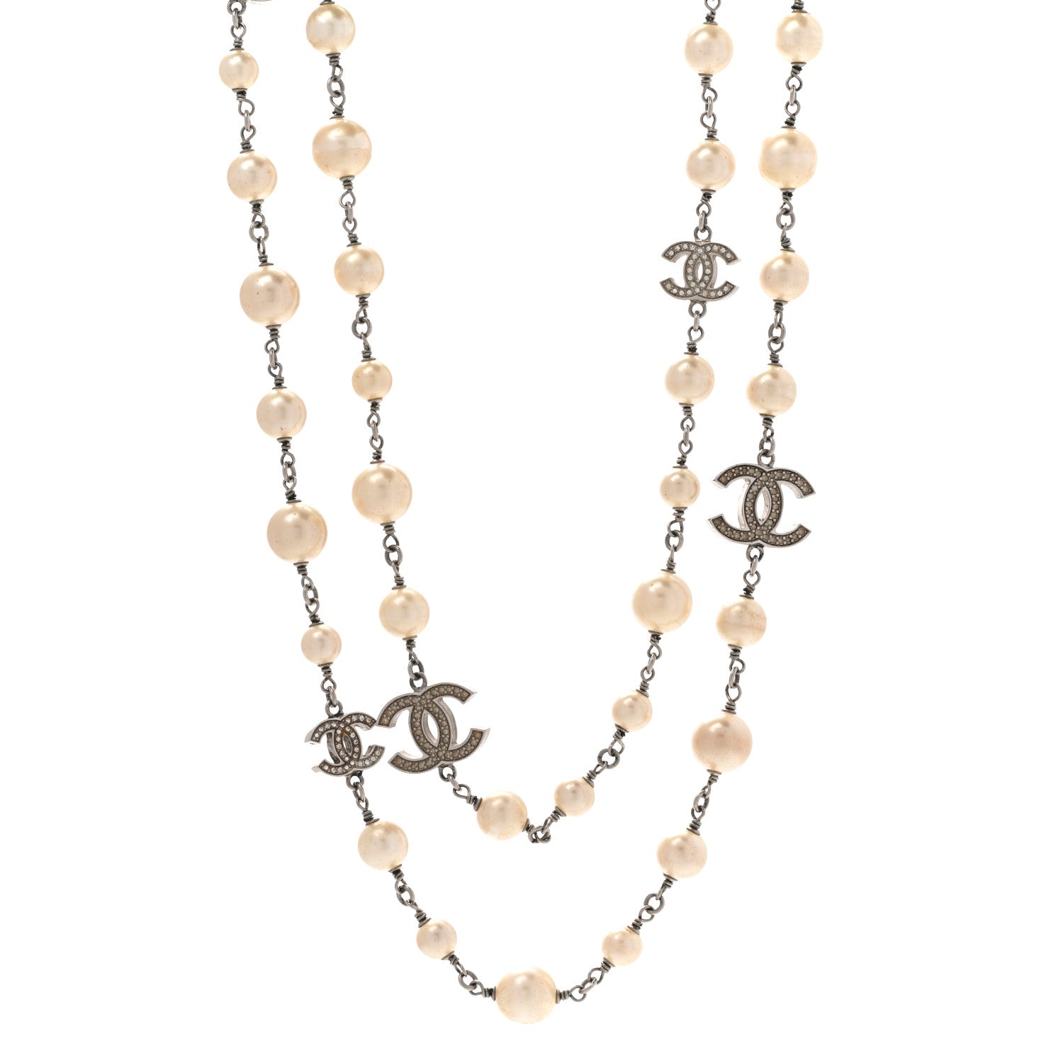 Chanel Graduated Pearl Crystal CC Long Necklace Silver 1 of 9