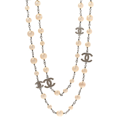 Chanel Graduated Pearl Crystal CC Long Necklace Silver 1 of 9