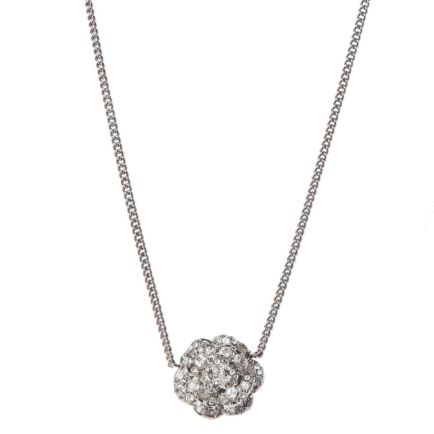 Chanel Swarovski Crystal Camellia CC Necklace Silver 1 of 5