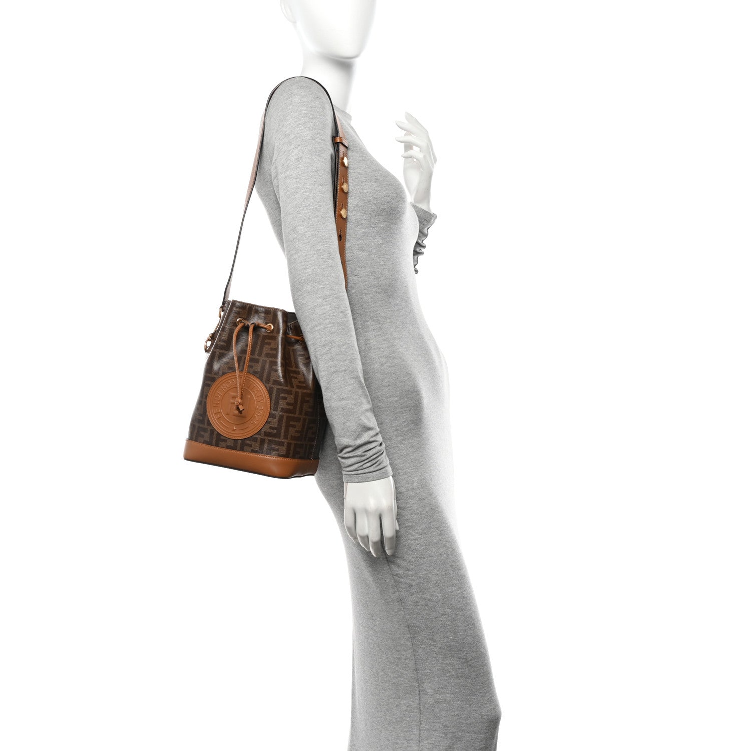 Fendi Glazed Fabric Vitello Grace F is Fendi FF 1974 Stamp Patch Grande Mon Tresor Bucket Bag Mogano Panna Nocciola 2 of 11