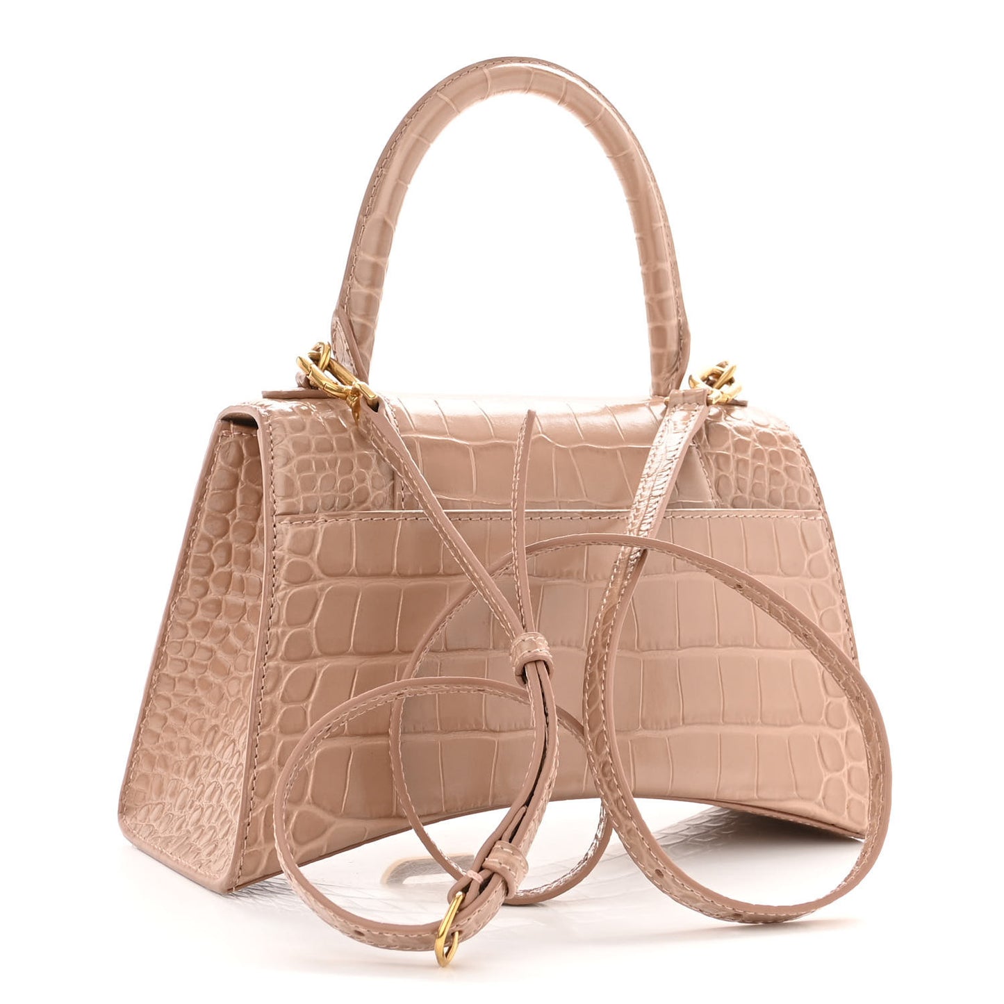 Shiny Calfskin Crocodile Embossed Small Hourglass Top Handle Bag Nude Beige