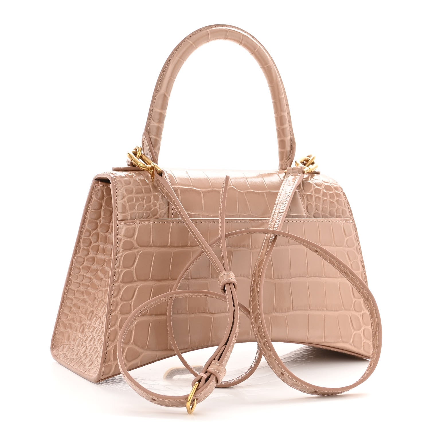 Balenciaga Shiny Calfskin Crocodile Embossed Small Hourglass Top Handle Bag Nude Beige 3 of 9