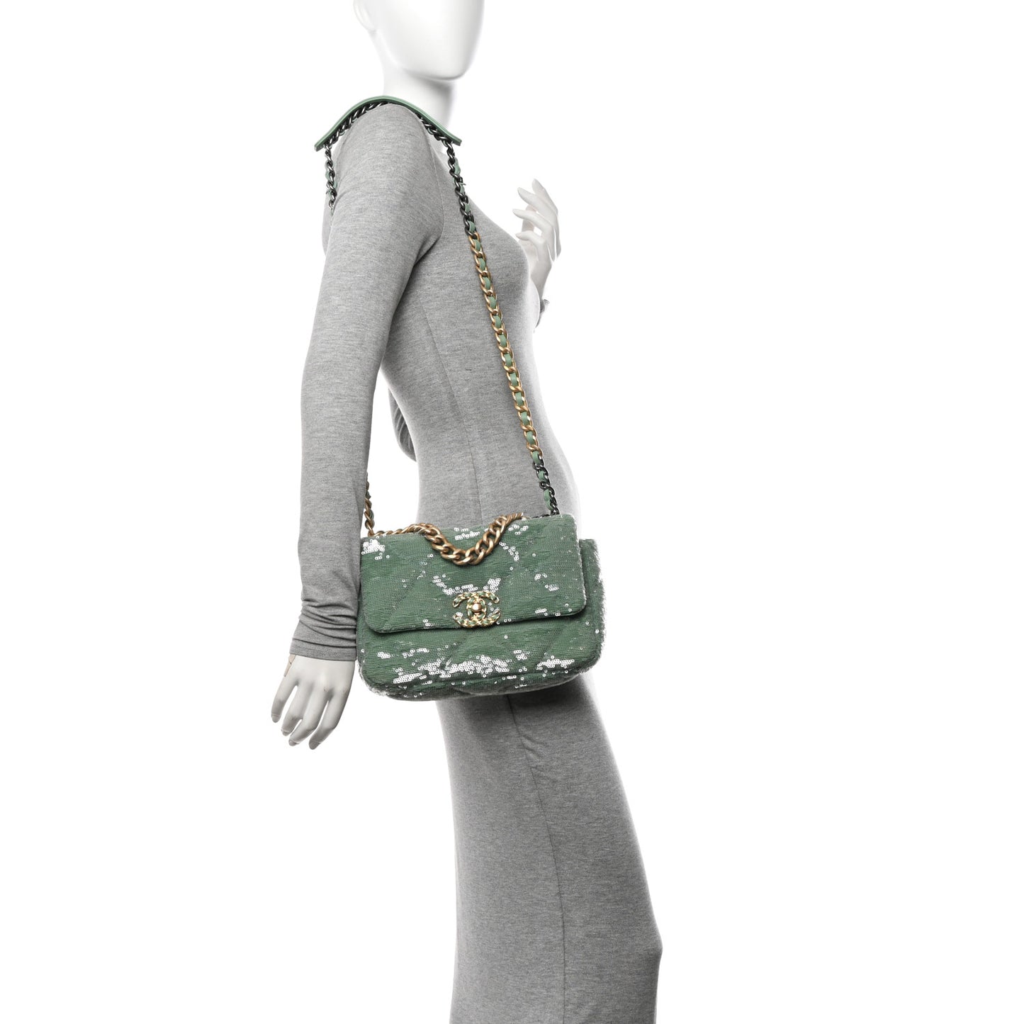 Sequin Quilted Medium Chanel 19 Flap Light Green